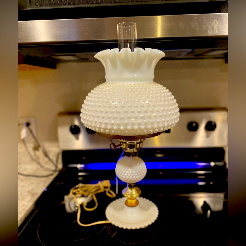 Vintage Hobnail Milk Glass Hurricane Lamp 18”